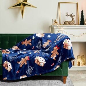 RAE DUNN HOLIDAY GINGERBREAD THROW HOME SWEET HOME CANDY CANE BLANKET Christmas